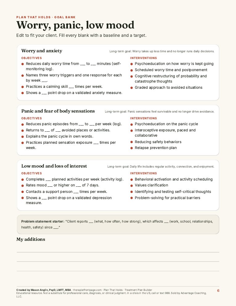 Preview of page 6, Goal bank: worry, panic, low mood, from Plan That Holds: Treatment Plan Builder