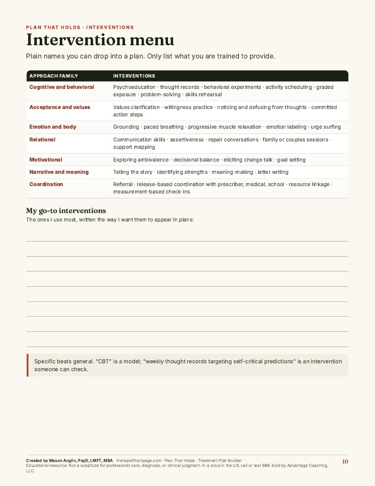 Preview of page 10, Intervention menu, from Plan That Holds: Treatment Plan Builder