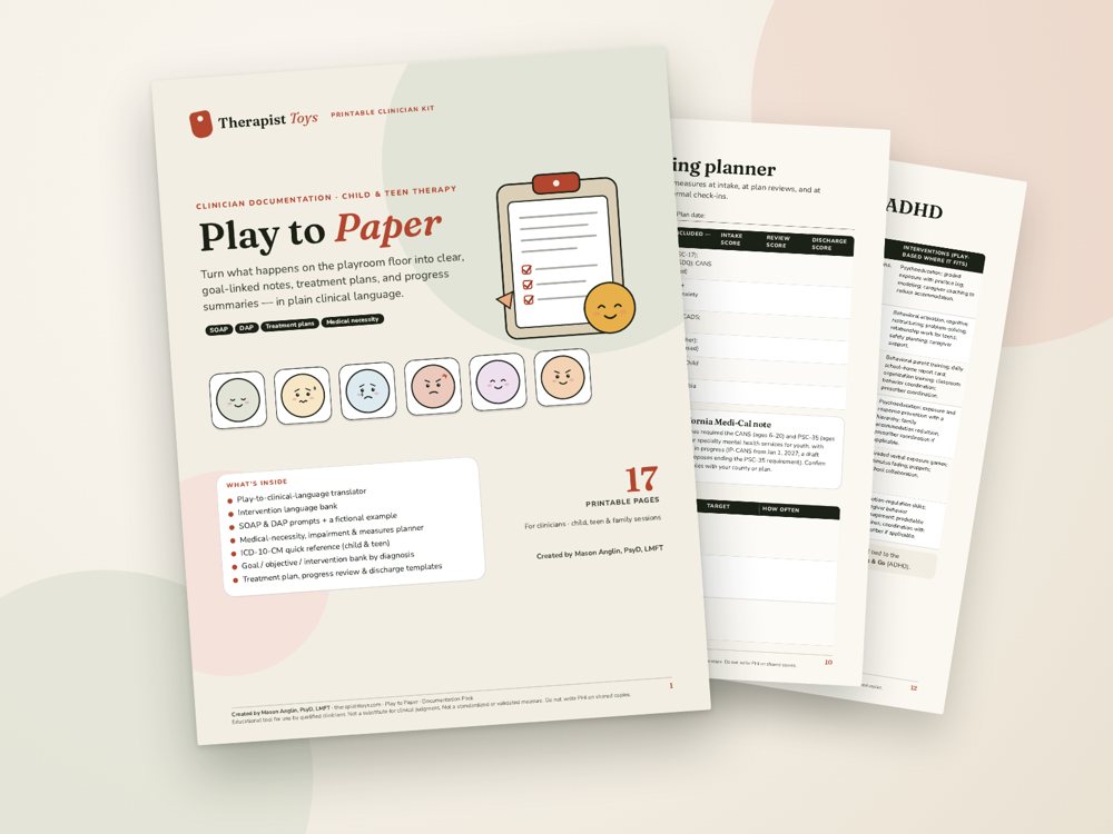 Cover of the Play to Paper: Clinician Documentation Pack printable