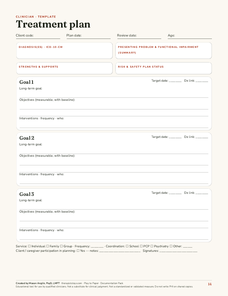 Preview of page 14, Treatment plan template, from Play to Paper: Clinician Documentation Pack