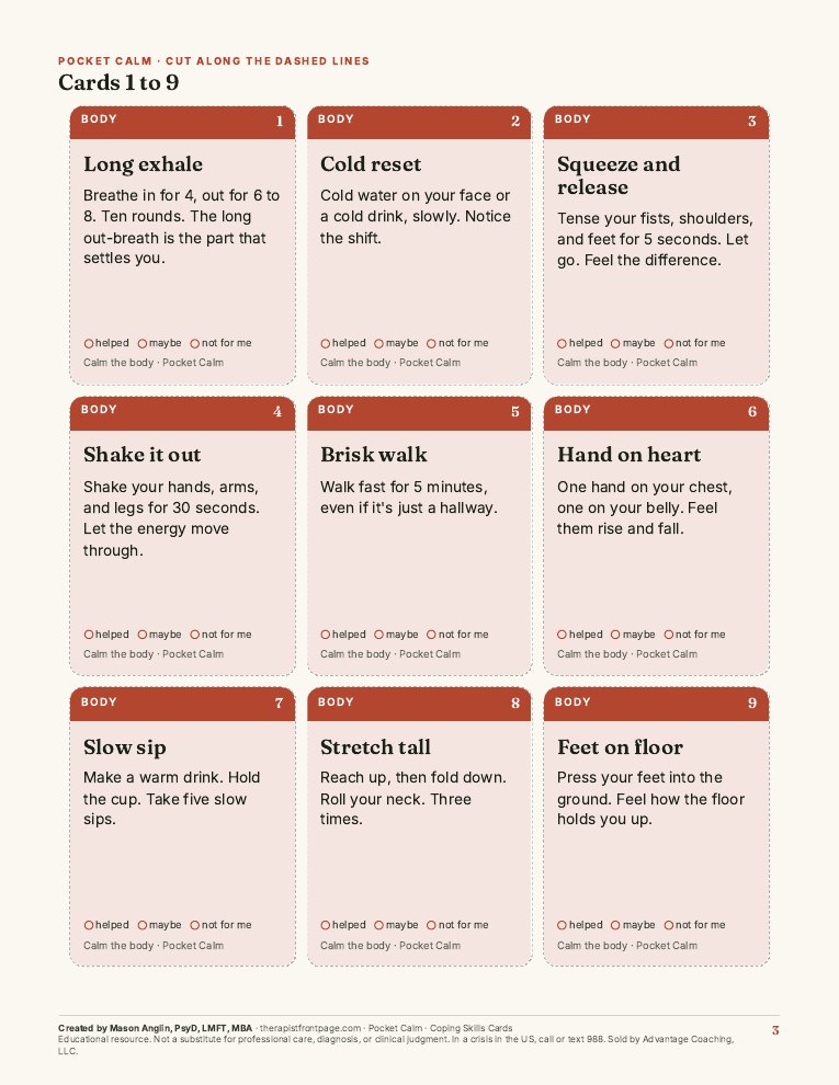 Preview of page 3, Cards 1 to 9, from Pocket Calm: Coping Skills Cards