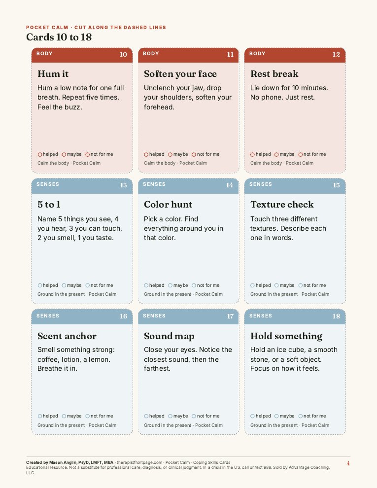 Preview of page 4, Cards 10 to 18, from Pocket Calm: Coping Skills Cards