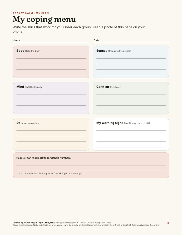 Preview of page 11, My coping menu, from Pocket Calm: Coping Skills Cards