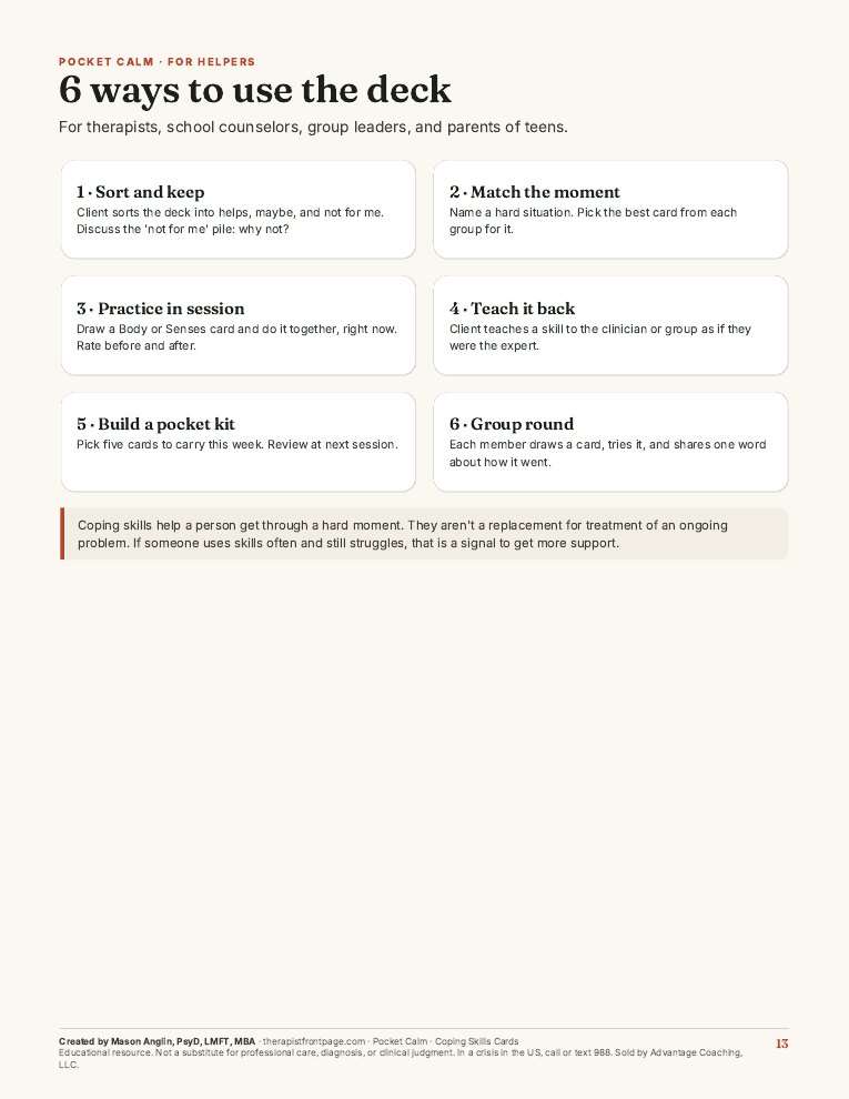 Preview of page 13, 6 ways to use the deck, from Pocket Calm: Coping Skills Cards