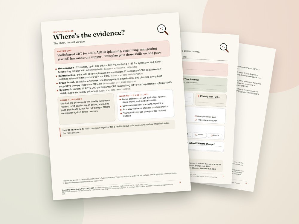 The clinician evidence page and references from Start, Stay, Finish: ADHD Focus Plan