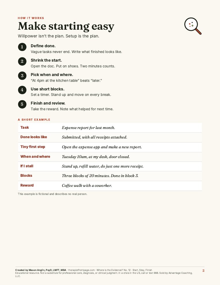 Preview of page 2, Make starting easy, from Start, Stay, Finish: ADHD Focus Plan
