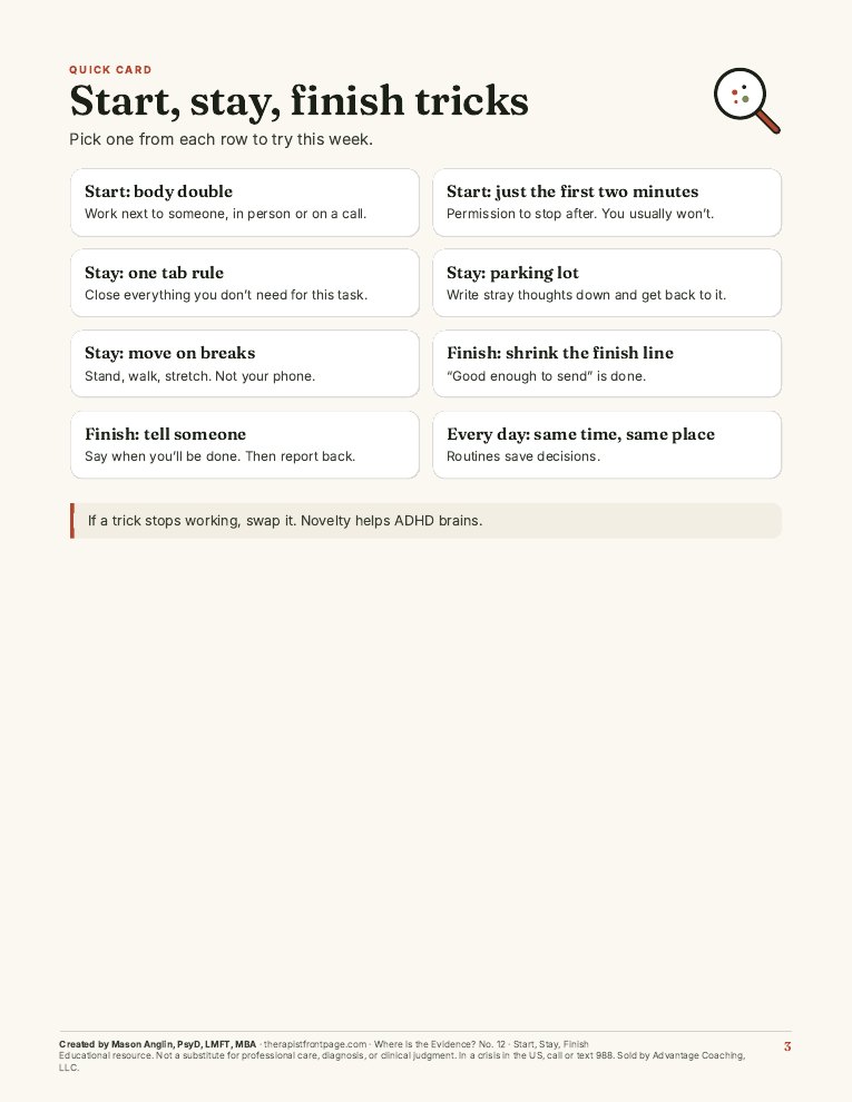 Preview of page 3, Start, stay, finish tricks, from Start, Stay, Finish: ADHD Focus Plan