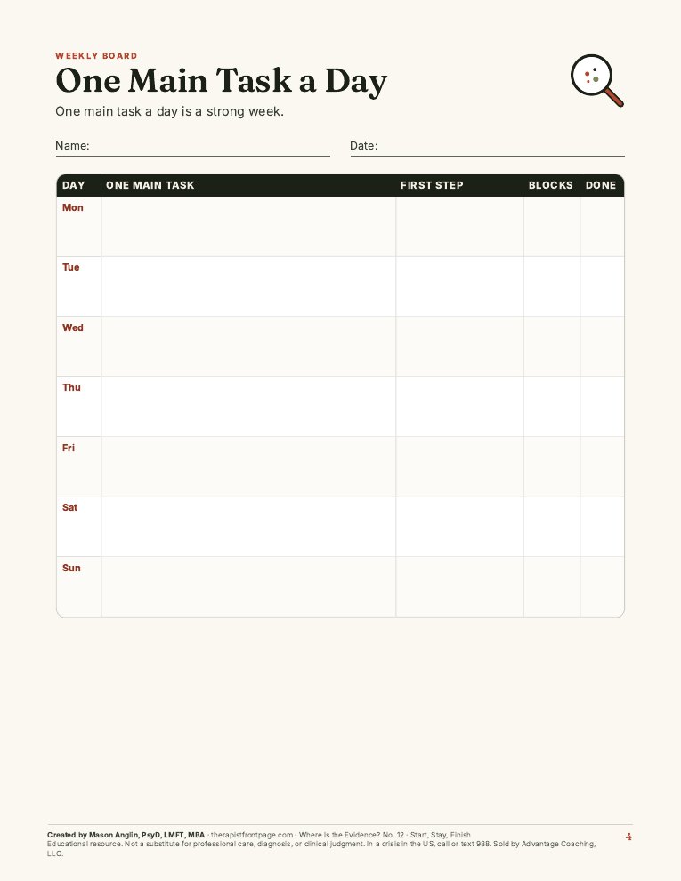 Preview of page 4, One Main Task a Day, from Start, Stay, Finish: ADHD Focus Plan