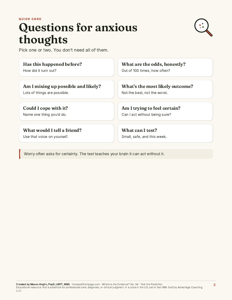 Preview of page 3, Questions for anxious thoughts, from Test the Prediction