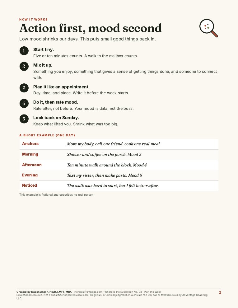 Preview of page 2, Action first, mood second, from Plan the Week, Not the Mood