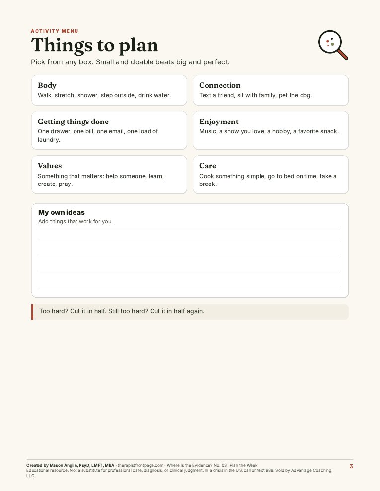 Preview of page 3, Things to plan, from Plan the Week, Not the Mood