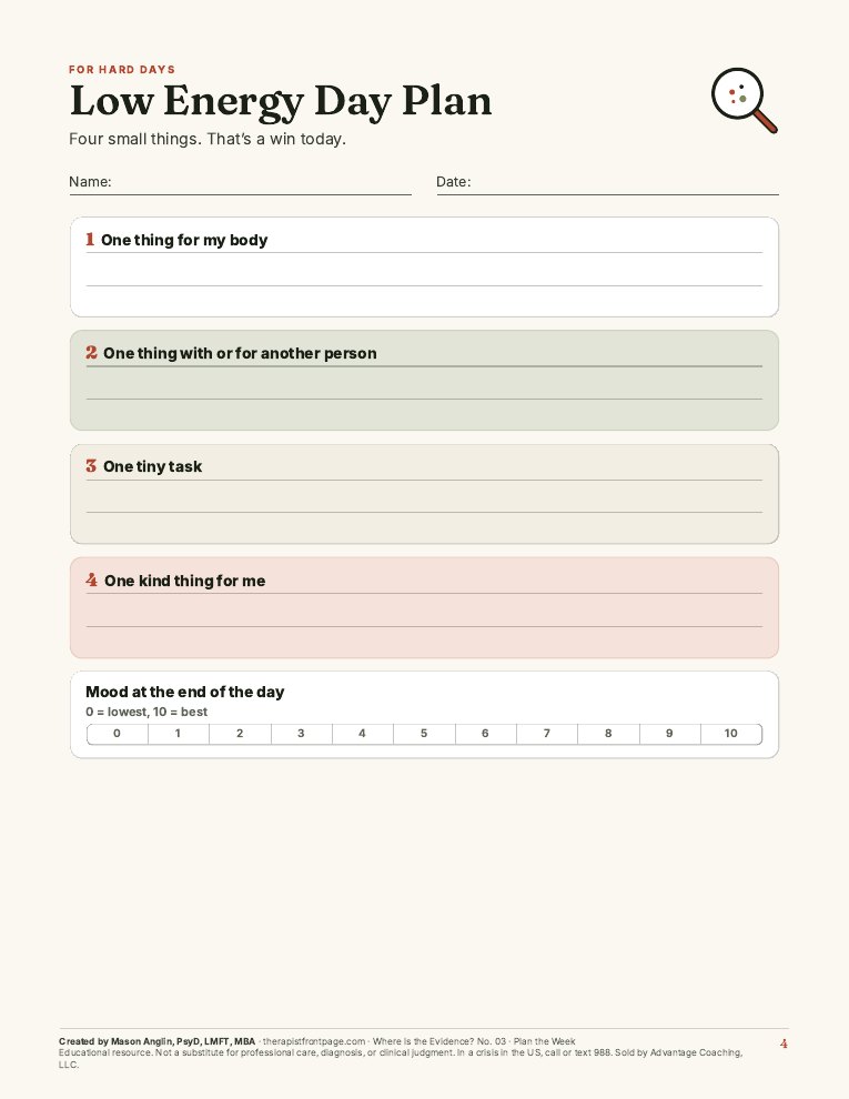 Preview of page 4, Low Energy Day Plan, from Plan the Week, Not the Mood