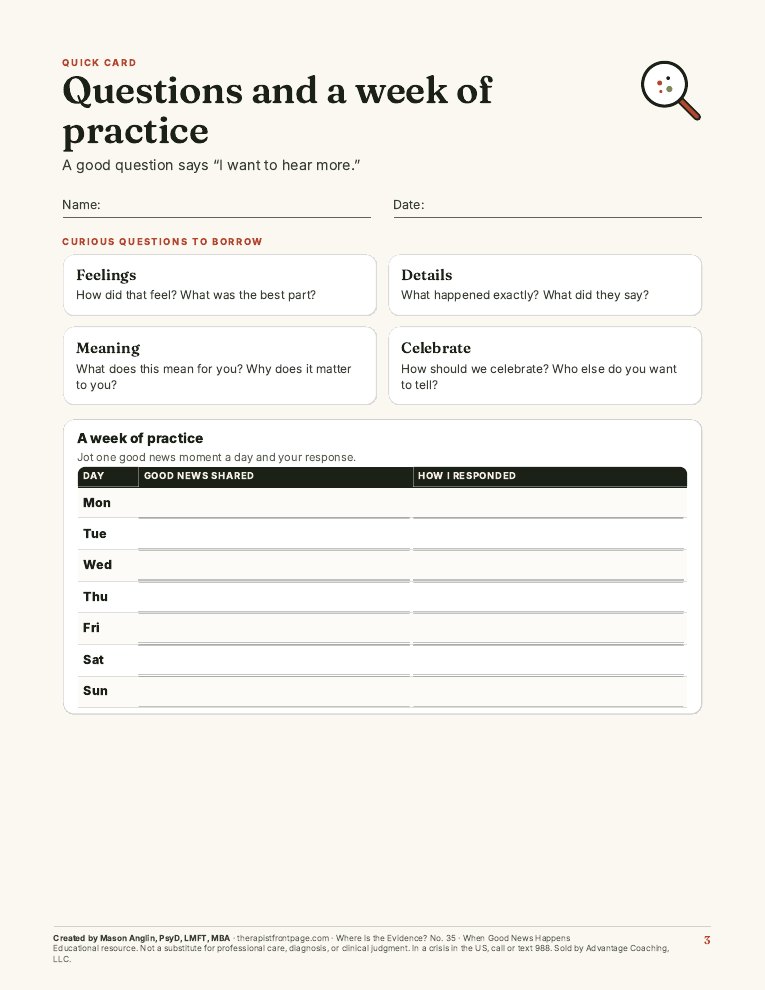 Preview of page 3, Questions and a week of practice, from When Good News Happens