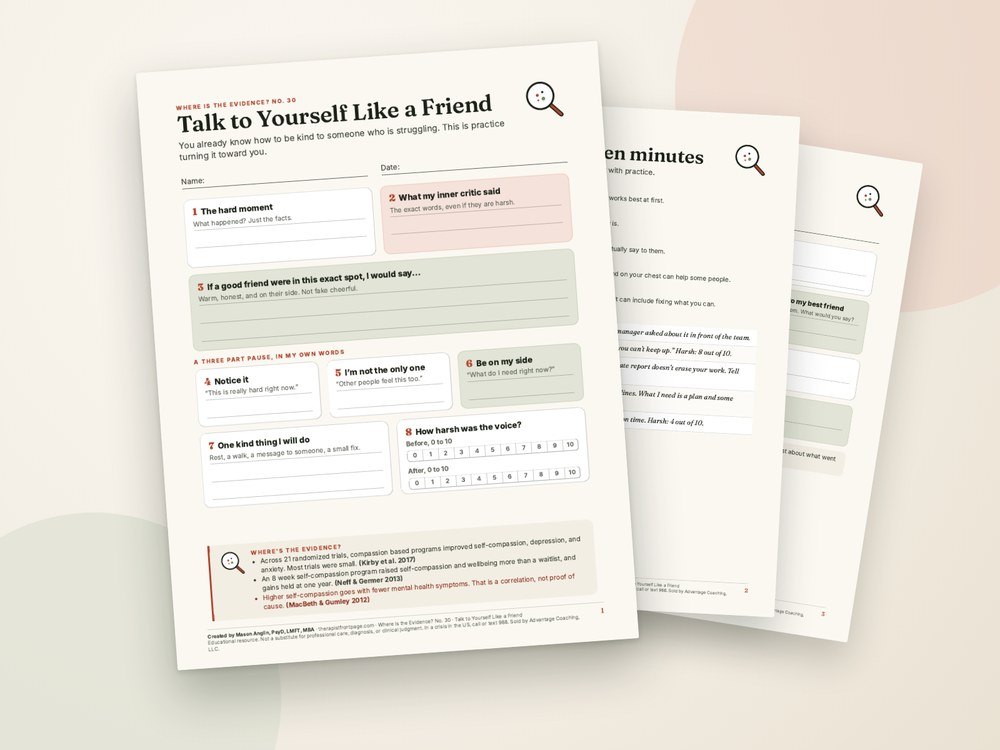 Pages from the Talk to Yourself Like a Friend worksheet