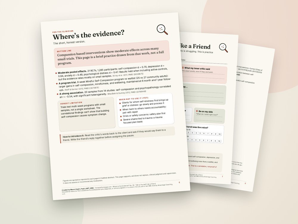 The clinician evidence page and references from Talk to Yourself Like a Friend