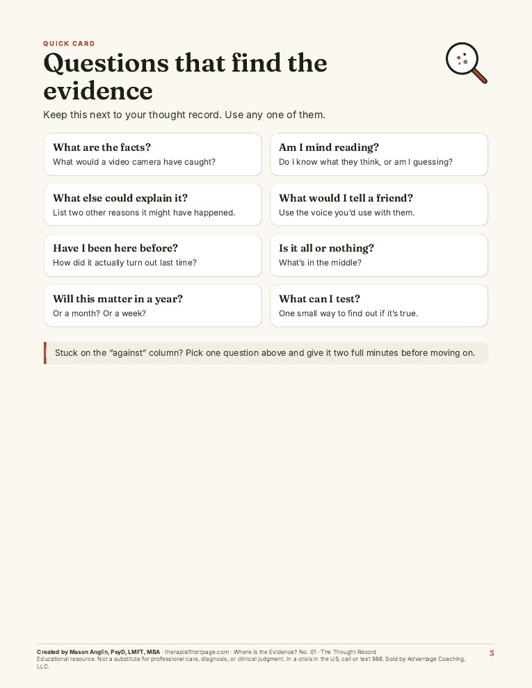 Preview of page 3, Questions that find the evidence, from The Thought Record